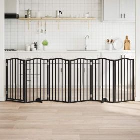 Dog Gate with Door Foldable 6 Panels Black 118.1 " Poplar Wood (Color: Black)